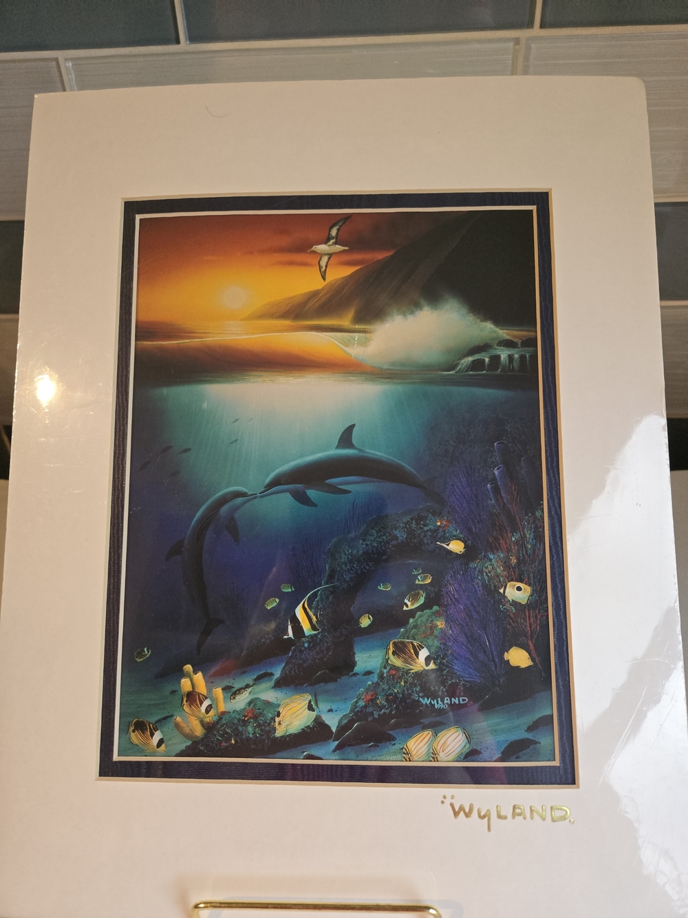 Wyland Ocean Sunset Dolphins Art Print - Blue, Purple, Yellow